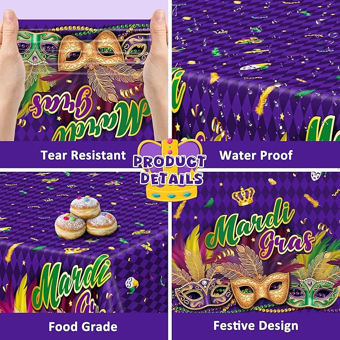 3 Pcs Mardi Gras Decorations, 54 X 108 Inches Rectangular Mardi Gras Tablecloth, Plastic Purple Table Cover With Masquerade Mask Design, Fat Tuesday Tablecover For Masquerade Party Picnic Dinner Decor