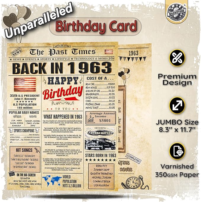 63rd Birthday Card for Women Men - Back In 1963 Newspaper - 63 rd Happy BIRTHDAY card - 63 birthday gift for Her Him - JUMBO size - 63rd birthday decorations Dad Mom - Best gifts for 63 year old