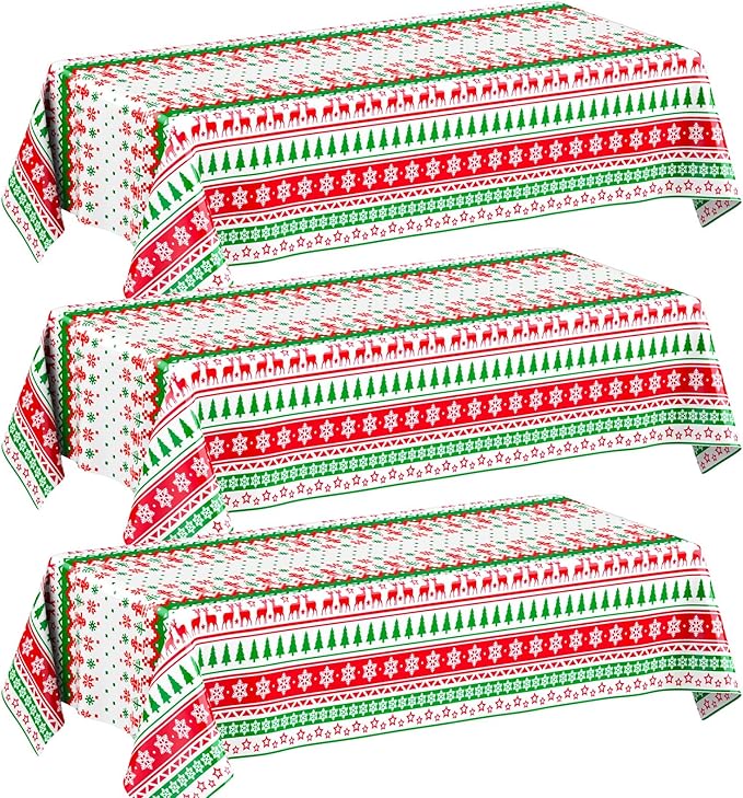 Oudain 3 Pack Christmas Tablecloths, Christmas Party Decoration, Disposable Plastic Tablecloth Rectangle 108 x 54 Inch Elk Snowflake Table Cover White Elephant Themed Decor for Xmas Party