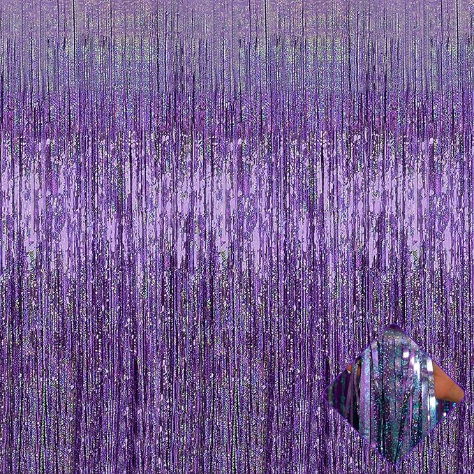 4 Pack 3.2Ft x 8.2Ft Light Purple Foil Fringe Curtain Backdrop, Metallic Tinsel Foil Fringe Streamers Curtains for Photo Booth, Birthday, Wedding, Disco, Halloween, Christmas Party Decoration