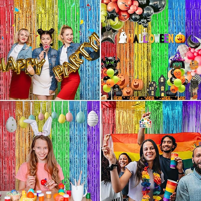 2 Pack Rainbow foil Fringe Backdrop Curtains, 3.3x6.6FT Rainbow Party Decorations Tinsel Backdrop Fringe Curtain Party Streamer for Engagement Graduation Pride Back to School