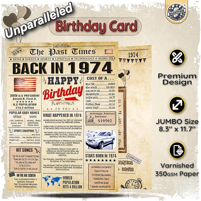 52nd Birthday Card for Women Men - Back In 1974 Newspaper - 52 nd Happy BIRTHDAY card - 52 birthday gift for Her Him - JUMBO size - 52nd birthday decorations Dad Mom - Best gifts for 52 year old