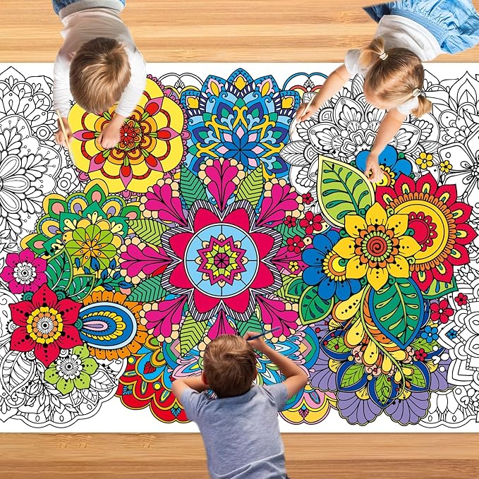 Giant Mandala Coloring Posters 23.6*55.1 Inch Large Spring Mandala Flower Coloring Page Giant Mandala Coloring Tablecloth DIY Art Crafts Mat for Kids Birthday Themed Activity Wall Home Classroom Suppiles