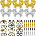 fiintrwa Happy New Year Headband Tiara Gold Silver Fringed Noise Makers and 2026 New Year Party Glasses Decoration Supplies