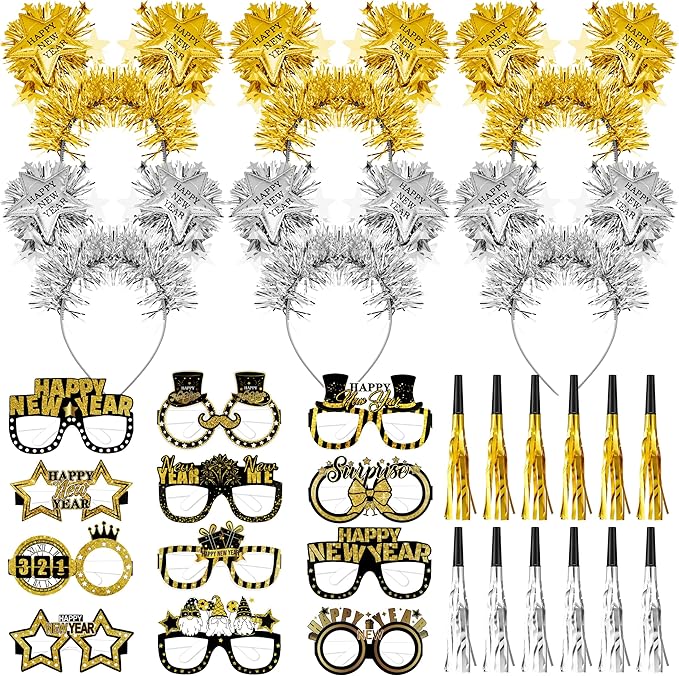 fiintrwa Happy New Year Headband Tiara Gold Silver Fringed Noise Makers and 2026 New Year Party Glasses Decoration Supplies