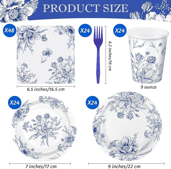 Kochorie 144 Pieces Blue and White Flower Print Party Tableware Sets Including Disposable Plates Napkins Cups Forks Serves 24 for Wedding Birthday Baby Shower Party Supplies