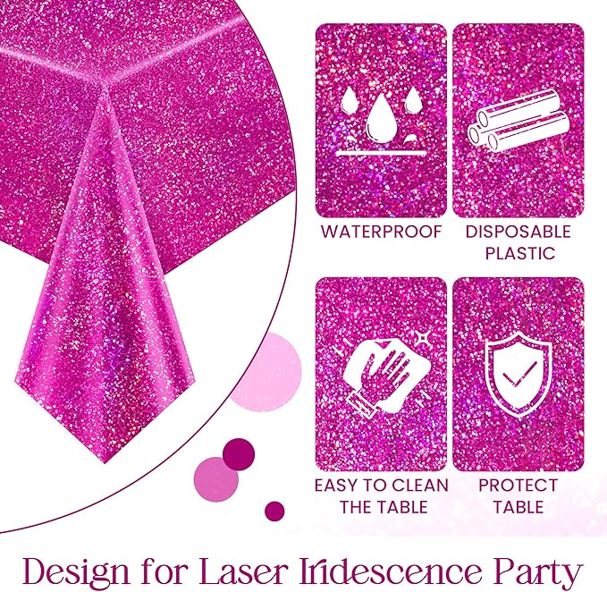 4 Pcs Fuchsia Hot Pink Holographic Tablecloths 40" x 108" Shining Laser Table Cloths for Galentines Valentine's Day Party Supplies Girls Birthday Party Decorations PlasticTable Covers