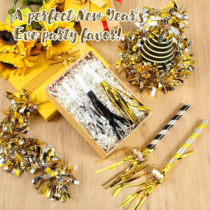Lenwen 36 Pcs 2026 New Years Eve Party Supplies Including 12 New Year Cone Hats 24 Noise Makers Horns Blowouts Tassel Squawkers Blowers for Eve Party Decoration