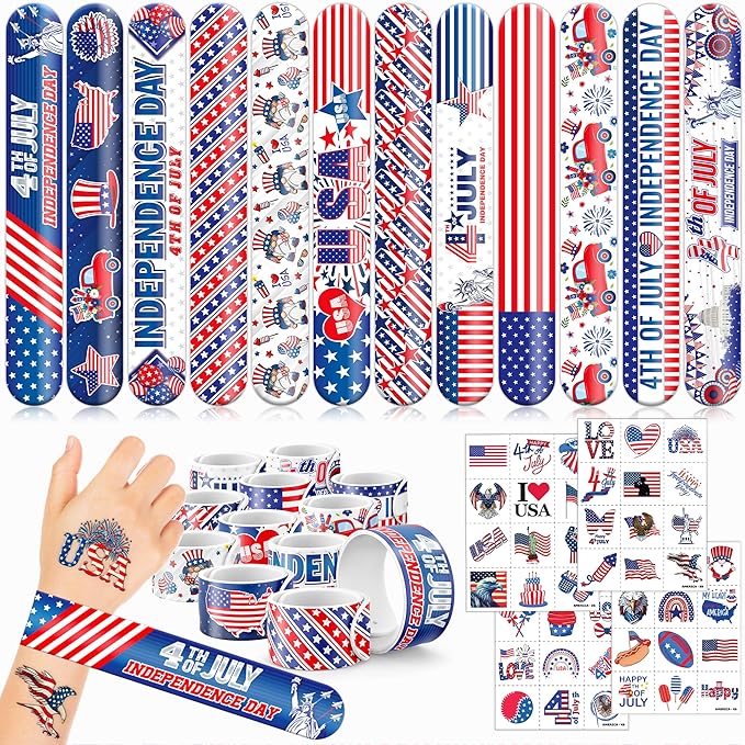 72 PCS Fourth of July Party Favors - 48 Temporary Pre-Cut Tattoos & 24 Slap Bracelets - Party Favors for Boys & Girls, Birthday Goodie Bag Fillers, Baby Shower Gifts, Classroom Rewards