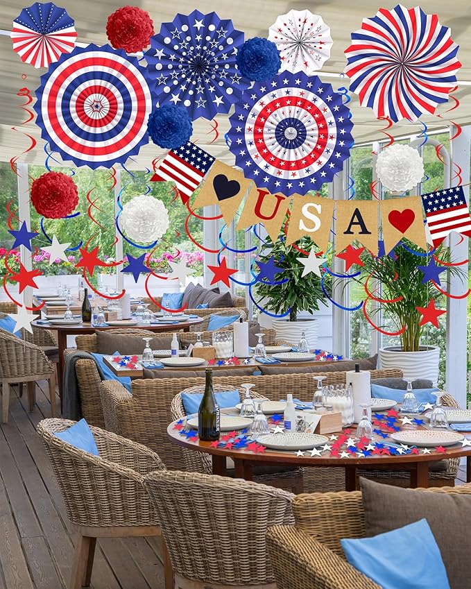 33 Pcs 4th/Fourth of July Memorial Day Decorations, Patriotic Decorations Outdoor Indoor Office USA Banner Red White Blue Star Streamer Hanging Swirls Veterans Day Decor for Independence Day
