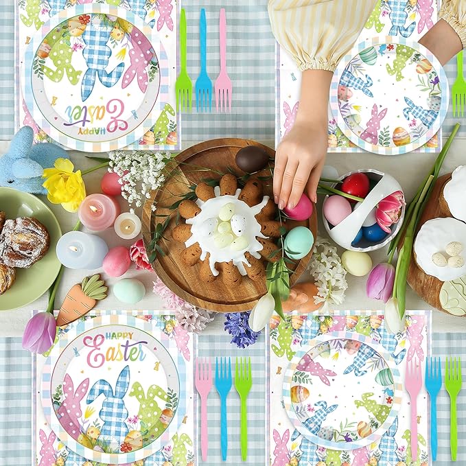 QZYL 120Pcs Easter Plates and Napkins, Disposable Easter Decorations Dinnerware for 30 Guests, Colorful Spring Bunny Paper Plates and Napkins, 9″ and 7″ Tableware for Easter Party Favors Spring Event