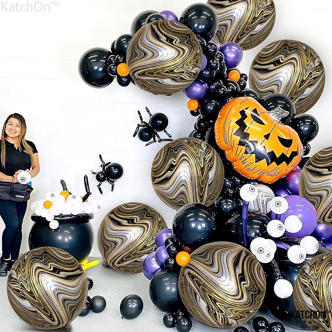 KatchOn, Black and Gold Marble Balloons - Big 22 Inch, Pack of 12 | 4D Marble Black and Gold Balloons for Birthday Party Decorations | Agate Balloons for Retirement, Dance Party Decorations