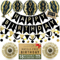 Premium Reusable Birthday Decorations - Multi-occasion Happy Birthday Banner also spells Party Day + more, Fast Assembly with Velcro - Black and Gold Party Decorations for Men and Women