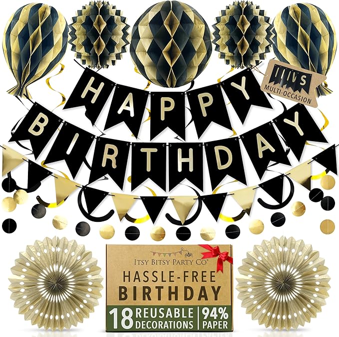Premium Reusable Birthday Decorations - Multi-occasion Happy Birthday Banner also spells Party Day + more, Fast Assembly with Velcro - Black and Gold Party Decorations for Men and Women