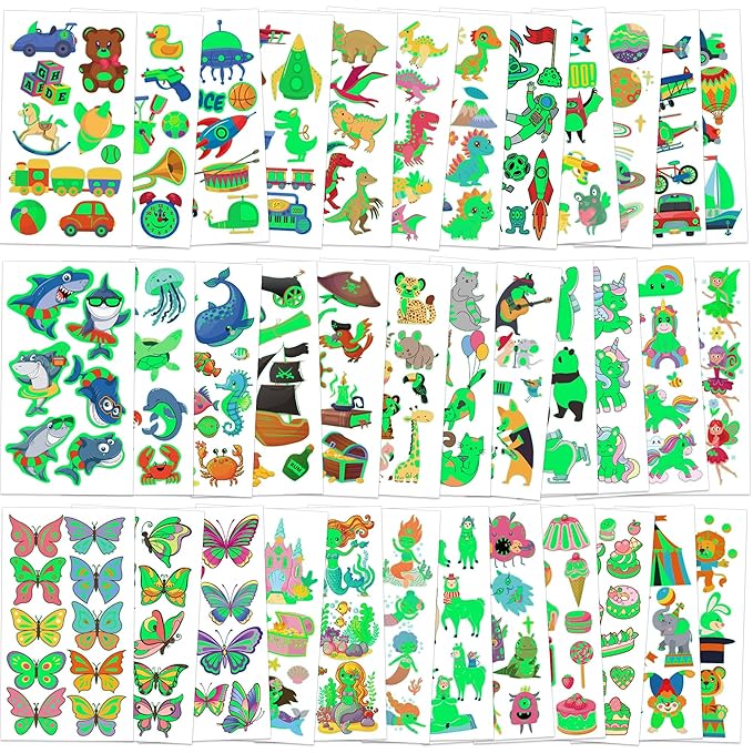370 Patterns Party Favors, 36 Sheets Glow In Dark Stickers Luminous Temporary Tattoos, Waterproof Fake Tattoo Supplies Animal Dinosaur Mermaid Butterfly Stickers for Birthday Decorations