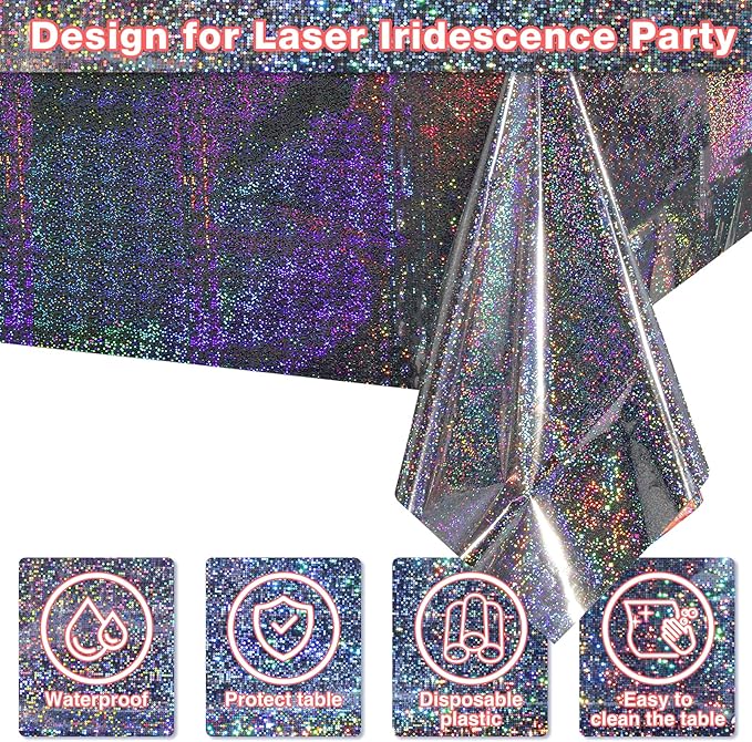 FunnyPars 4 Pack Iridescent Plastic Tablecloths Shiny Disposable Laser Rectangle Table Covers Holographic Foil Tablecloth Iridescent Party Decoration Birthday Bridal Wedding Christmas 54"x108"(Silver)