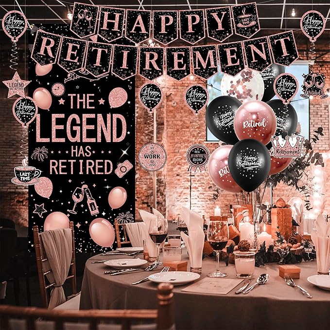 Roetyce Retirement Party Decorations Women, Blue and Pink Happy Retirement Banner Balloons Hanging Swirls Kit, Rose Gold Lengend Has Retired Backdrop for Coworker, Office Retired Party Supplies