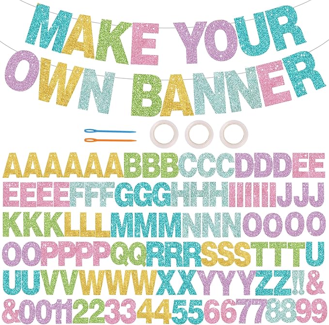 BEISHIDA 116 PCS A-Z DIY Letter Banner Kit Make Your Own Banner Glitter Macaron Including 111 Letters and Numbers 3 Rope and 2 Threading Device,Customized for Birthday Graduation Wedding Party Decor