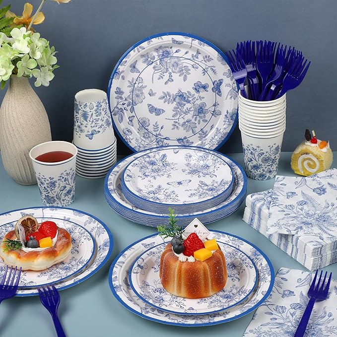 Kochorie 144 Pieces Floral Party Supplies, Blue and White Flower Tableware Sets Including Disposable Paper Plates Napkins Cups Forks Serves 24 for Wedding Baby Shower Birthday Party Decorations