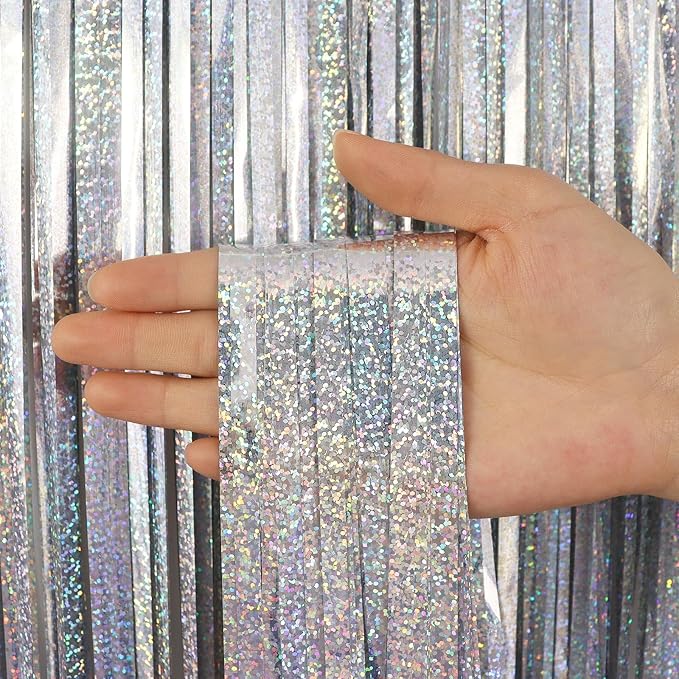 2 Pack Fringe Curtains Backdrops, Foil Fringe Curtains, Door Streamers for Birthday Wedding Bridal Shower Holiday Graduation Party Decorations, Photo Booth Backdrops, Glitter Silver