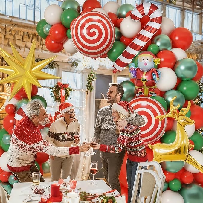 Christmas Balloons Garland Arch Kit Red White Green Xmas Decoration Balloon with Candy Gingerbread Elk Santa Claus Merry Christmas Foil Balloons for New Year Winter Holiday Christmas Party Decorations