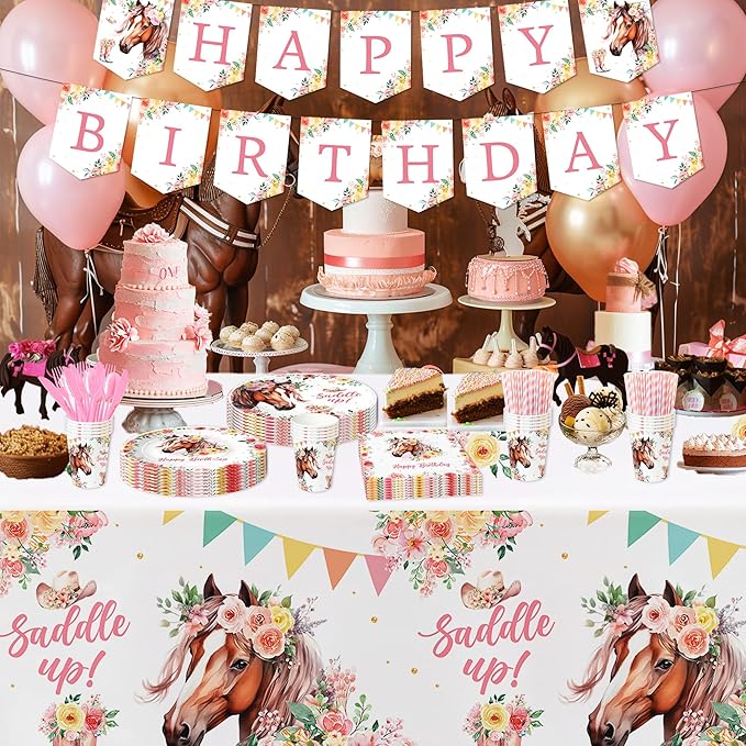 Cowgirl Party Decorations Tablecloth, 3Pcs Disposable Saddle Up Horse Party Tablecover Supplies for Girls, Western Wild West Cowgirl Birthday Baby Shower Table Cloth, 86in x 55in