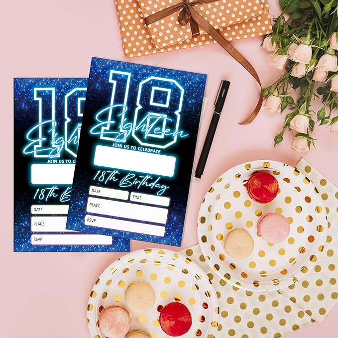 SIXEIGHT Blue 18th Birthday Invitations for Boys, Neon Glow Party Invitations for Girls Kids, 20 Pack Double Sided Invite Cards with Envelopes, 18th Glow Neon Birthday Party Decorations, 4x6 Inch-C51