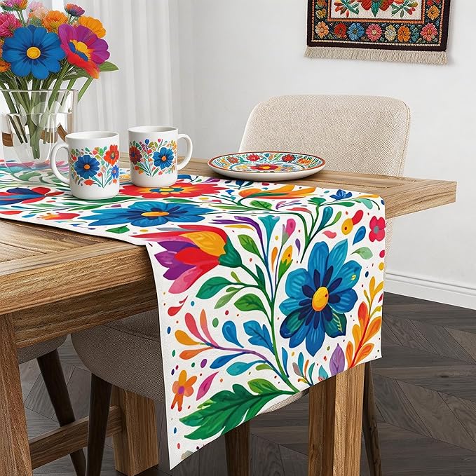 Cinco De Mayo Decorations - Mexican Floral Table Runner for Fiesta Party Decorations | Mexican Theme Birthday Decorations Taco Accessories Home Dining Room Kitchen Table Decor