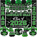 Graduation Decorations Class of 2026,Green Graduation Decorations 2026- Congrats Grad Decorations Banner ＆ Hanging Swirls,Graduation Card Box,Paper Pompoms,Balloons,Porch Sign for College Grad Party