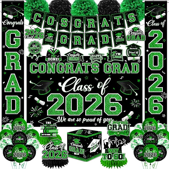 Graduation Decorations Class of 2026,Green Graduation Decorations 2026- Congrats Grad Decorations Banner ＆ Hanging Swirls,Graduation Card Box,Paper Pompoms,Balloons,Porch Sign for College Grad Party