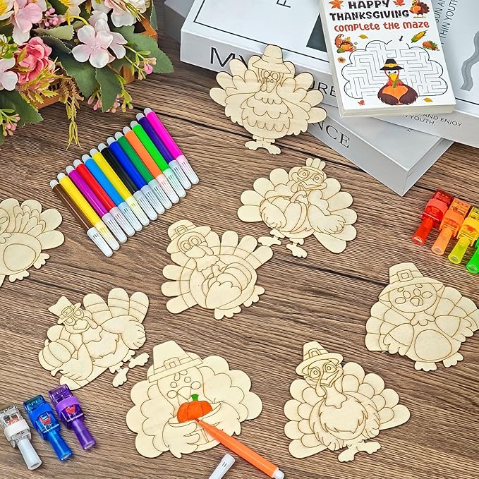 Cinrobiye 144 Pcs Fall Thanksgiving Ctaft Kit DIY Wood Turkey Painting Kits with Cards Thanksgiving Classroom Activities Autumn Holiday Decorations Fall Goodie Bag Favors