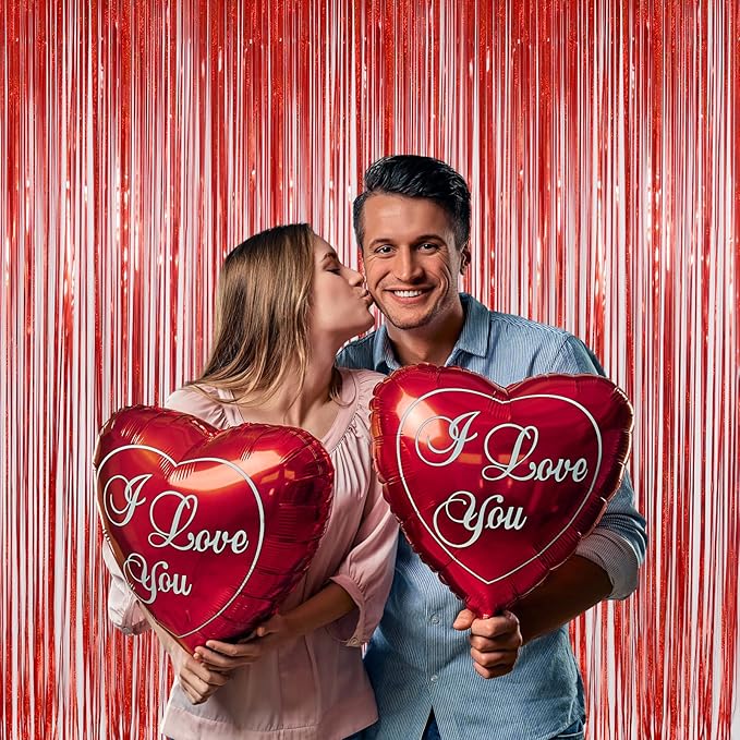 Red Tinsel Curtain Backdrop for Party Decorations - Sparkle Foil Tinsel Fringe Curtains Photo Backdrop Booth (3.2ft x 8ft, 2 Packs)