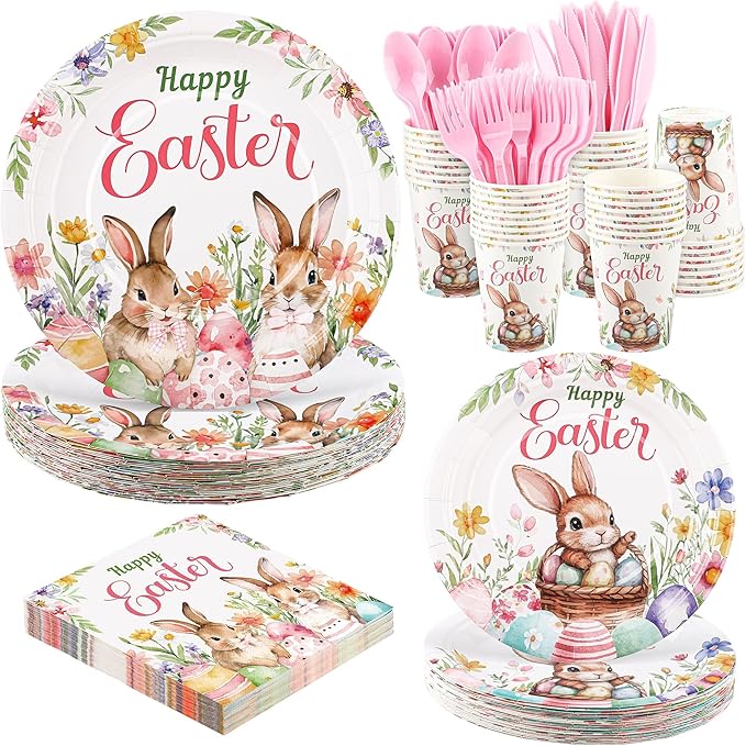 Kochorie 175 Pieces Easter Paper Plates and Napkins Disposable Colorful Eggs Easter Bunny Flower Tableware Set 7 Inch & 9 Inch Plates Napkins Cups Cutlery for Spring Holiday Party Decor, Serve 25
