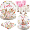 Kochorie 175 Pieces Easter Paper Plates and Napkins Disposable Colorful Eggs Easter Bunny Flower Tableware Set 7 Inch & 9 Inch Plates Napkins Cups Cutlery for Spring Holiday Party Decor, Serve 25