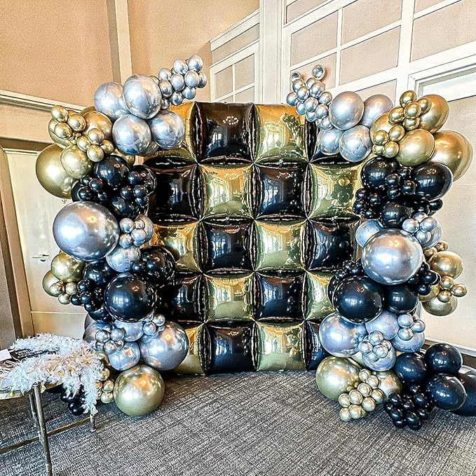 Black Gold Square Foil Balloon Wall,25Pcs Champagne Gold Double Sided Foil Balloons Backdrop Helium Tunnel Arch Garland Kit for New Year Eve Birthday Bridal Anniversary Graduations Party Decorations