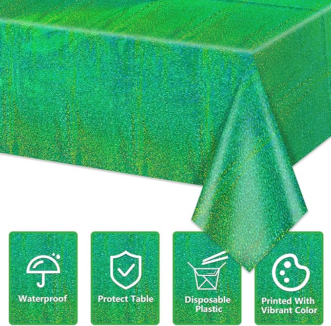 4Pcs Green Holographic Tablecloths Rectangular Green Iridescent Tablecloth Shimmer Metallic Table Covers for St. Patrick's Day Birthday Christmas Witch Theme Party, 54x108Inch