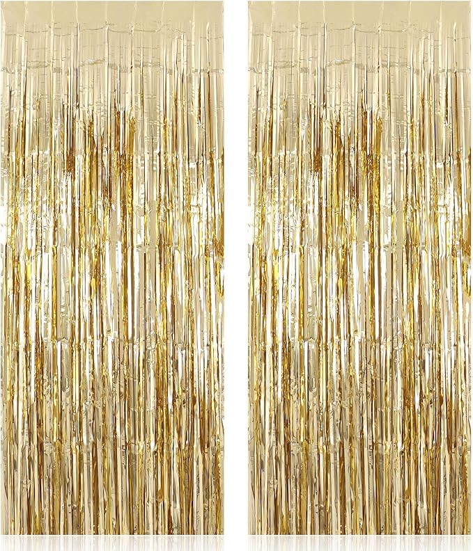 2 Pack Fringe Curtains Backdrops, Foil Fringe Curtains, Door Streamers for Birthday Wedding Bridal Shower Holiday Graduation Party Decorations, Photo Booth Backdrops, Champagne