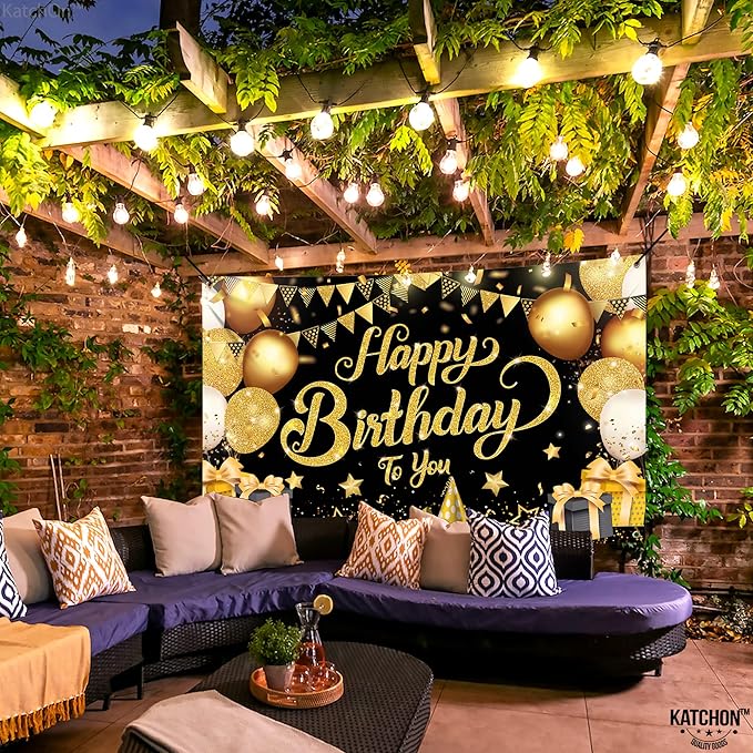 KatchOn, Black and Gold Happy Birthday Banner Sign - XtraLarge, 72x44 Inch | Black and Gold Backdrop Banner for Happy Birthday Decorations | Party Decorations for Men and Women