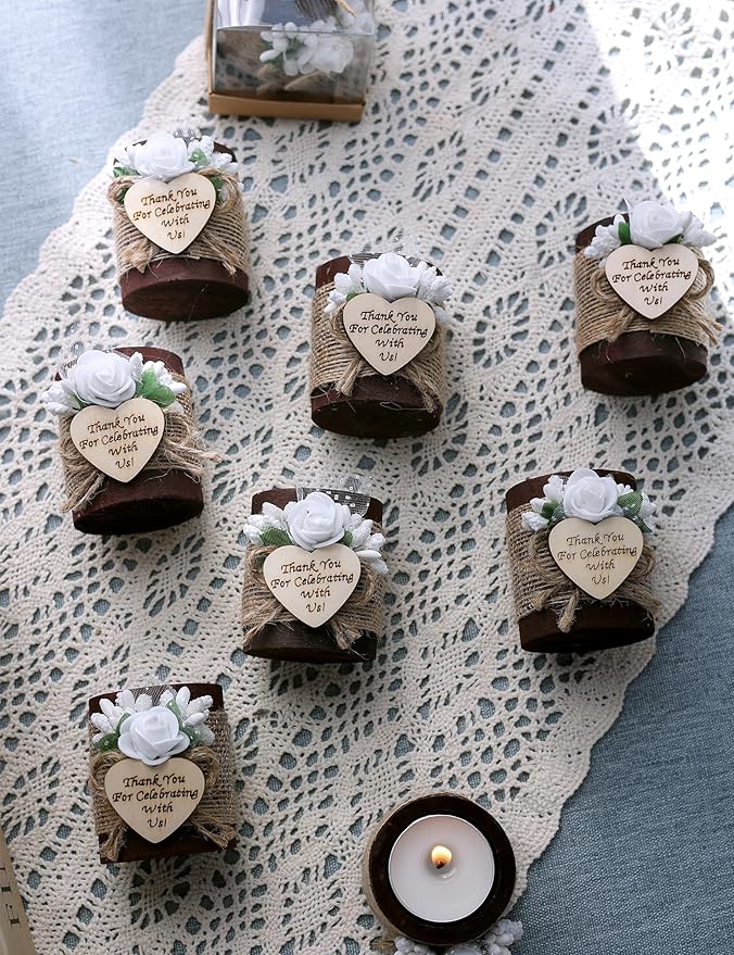 Ju's Favors 10 Piece Set of Wooden Tealight Candle Holders, Wedding Candle Favors, Baby Shower Favors, Guest Return Favors, Bridal Shower Favors for Guests.(Dark Brown+Rose)