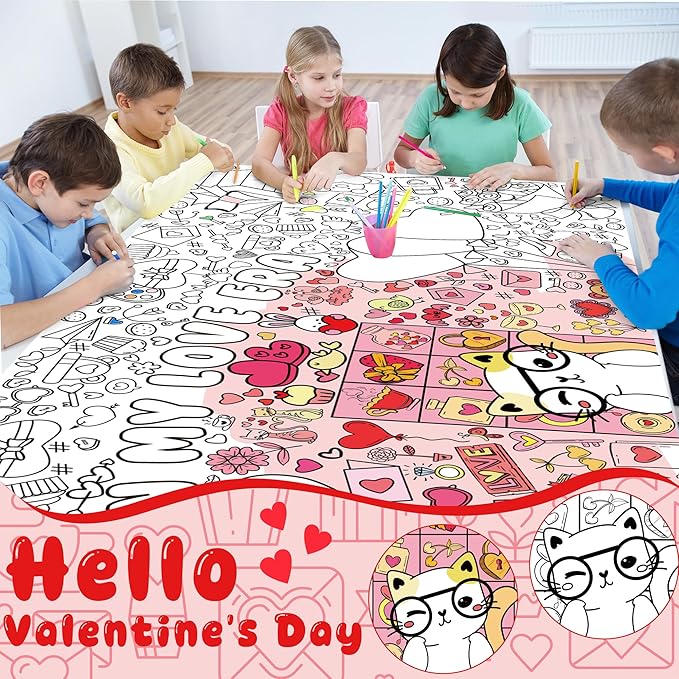 OHOME Valentines Crafts for Kids - Valentines Day Giant Coloring Poster/Tablecloth - 72×30 Inch Valentine's Day Banner Gifts Treats Activities Decor Party Decorations for Classroom School