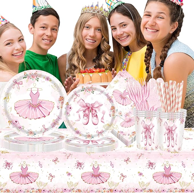 193Pcs Ballerina Birthday Party Decorations for 24 - Ballet Party Tableware Set with 7&9in Plates, Napkins, Cutlery Set, Tablecloth | Disposable Dance Party Supplies for Girls