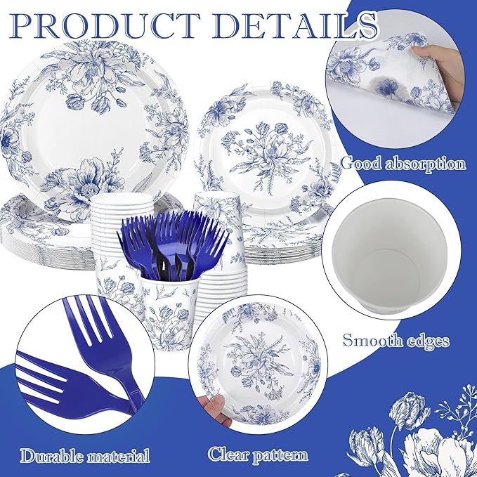 Kochorie 144 Pieces Blue and White Flower Print Party Tableware Sets Including Disposable Plates Napkins Cups Forks Serves 24 for Wedding Birthday Baby Shower Party Supplies