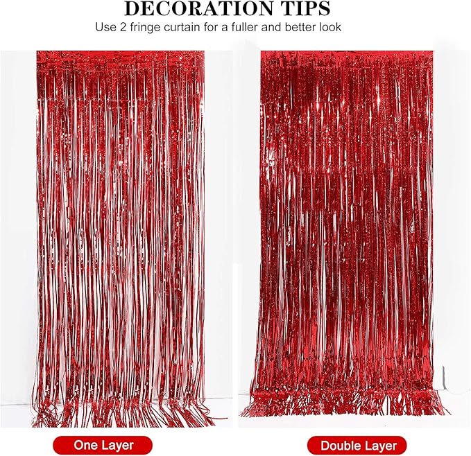 Metallic Tinsel Curtains, 2 Pack 3x8ft Foil Fringe Backdrop for Birthday & Graduation Decorations, Red