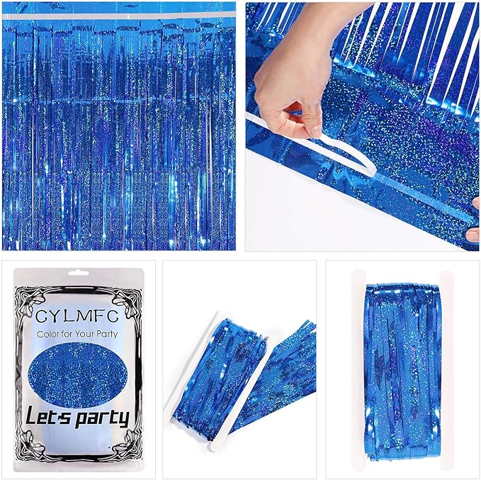 Foil Fringe Curtain - 2 Packs 3ftx8ft Metallic Curtain Backdrop for Birthday Party Decorations Photo Booth Backdrop Christmas Halloween - Deep Blue