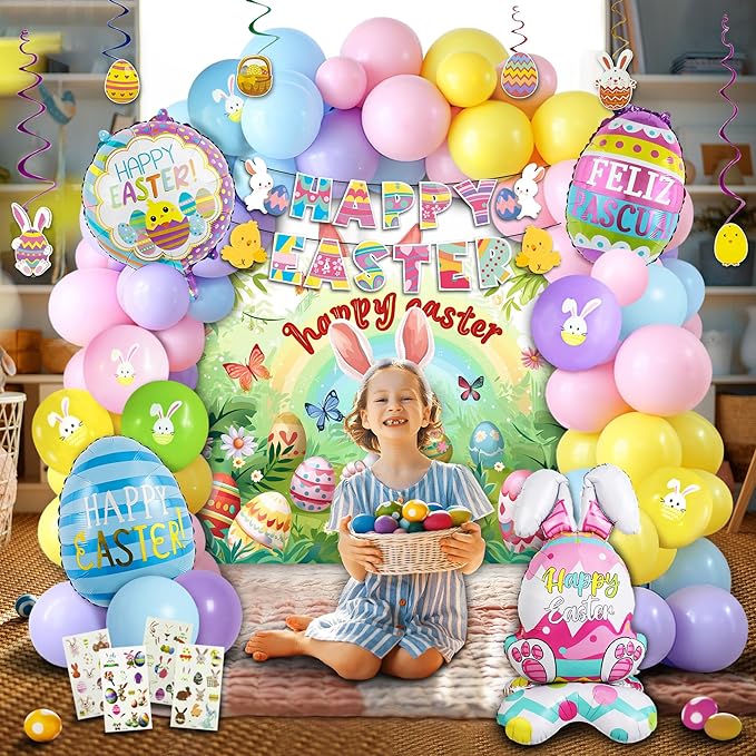 Party Spot! 101 PCS 2026 Easter Party Decorations Set, Easter Party Supplies, Easter Balloon Arch Garland Kit, Happy Easter Backdrop, Banner, Easter Egg Balloon, and Hanging Swirls