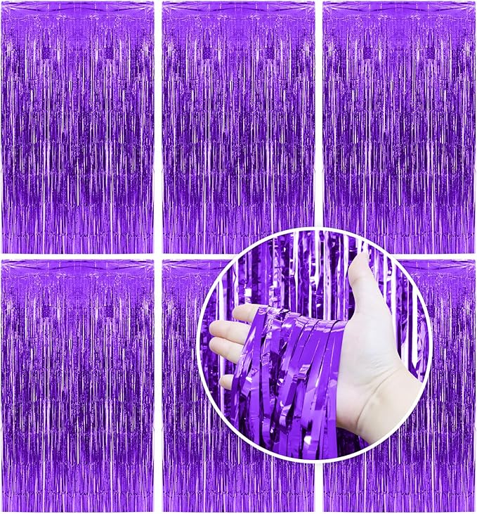 Homiest 6 Pack Purple Tinsel Backdrop, 3.3x6.6 FT Metallic Tinsel Foil Fringe Curtains Party Decorations, Birthday Door Streamers for Baby Shower Wedding, Photo Booth Props Background Wall Decor