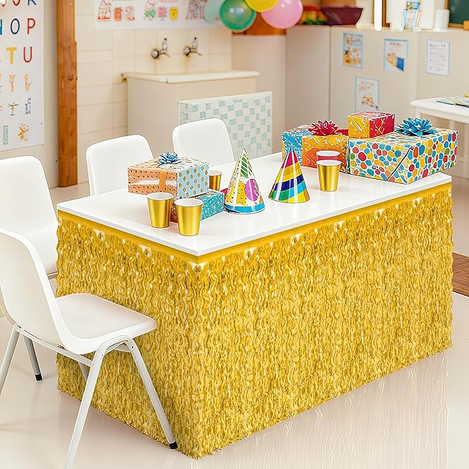 Table Skirt, 2 Pack Gold Foil Grass Table Skirt, New Years Metallic Wavy Tinsel Foil Fringe Table Skirts, Table Skirts for Irish Holiday Mardi Gras Graduations New Years Birthday Party Decor