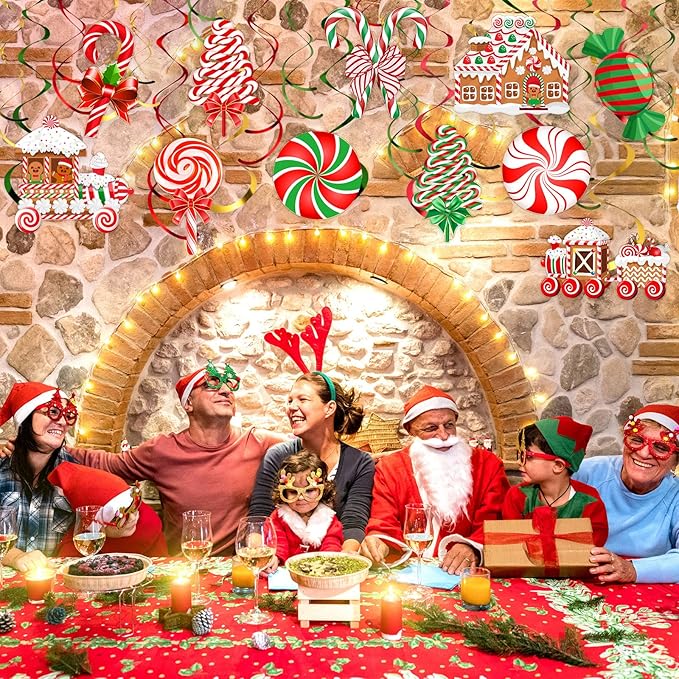 Faccito 30 Pcs Christmas Hanging Swirl Decoration Candy Theme Hanging Decorations Christmas Swirls Streamers Gingerbread House for Indoor Outdoor Xmas Winter Holiday Party Supplies