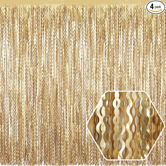 4 Pack Champagne Gold Wave Foil Fringe Curtain Backdrop, 3.28Ft x 8.2Ft Metallic Tinsel Foil Fringe Streamer Curtains for Photo Booth, Mother's Day, Easter, Birthday, Wedding Party Decoration