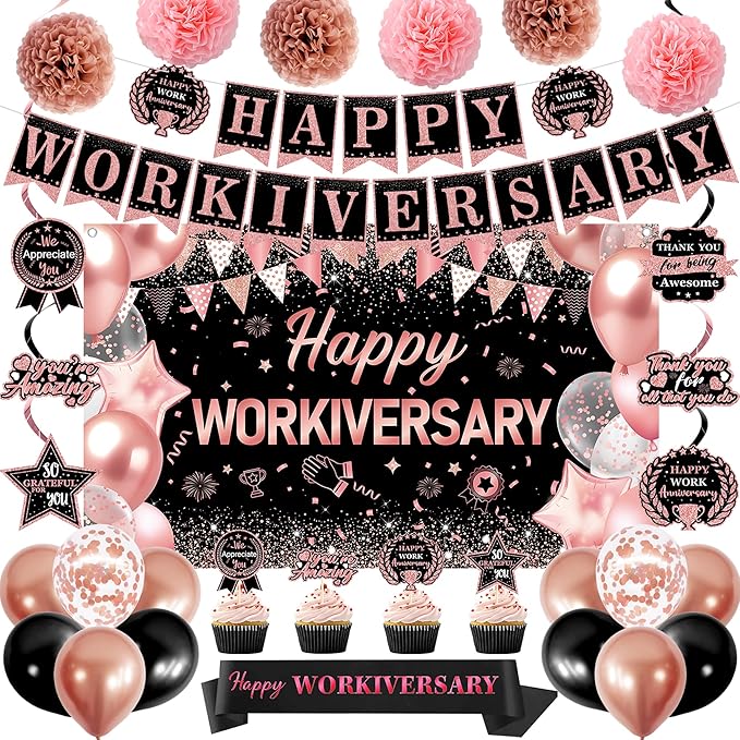 DARUNAXY Happy Workiversary Party Decorations for Women, Rose Gold Happy Work Anniversary Banner Cake Topper Hanging Swirl Confetti Balloons Decor Set for Pink Employee Office Party Supplies for Girls